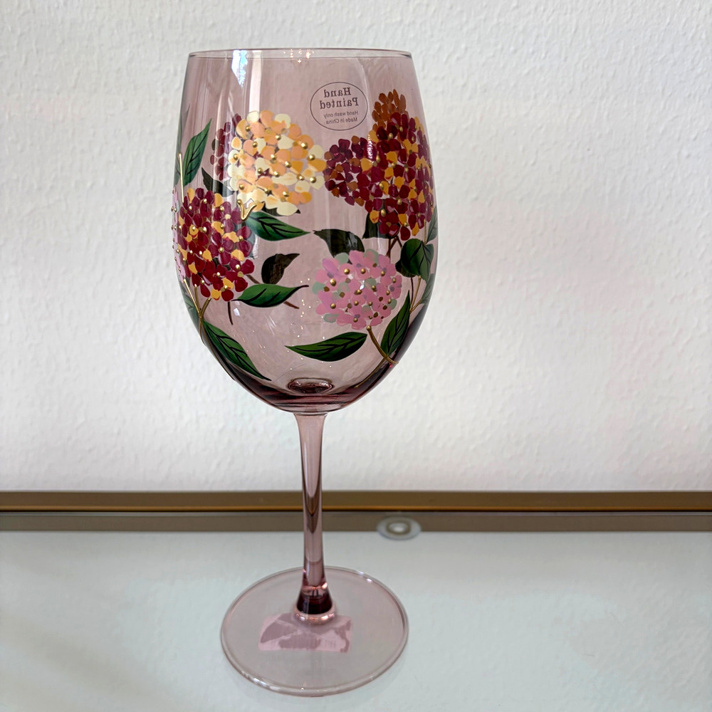 Hand Painted Hydrangea Wine Glass Chic Fall Barware Purple NEW